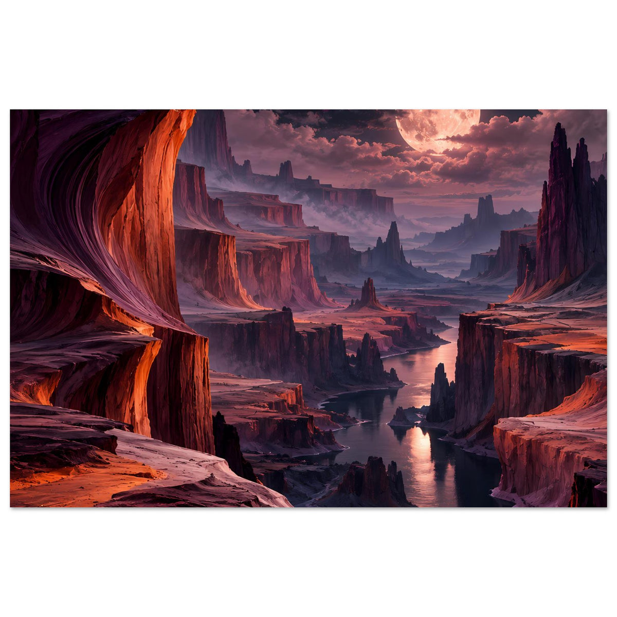 Horizontales Landschaftsposter mit Canyonlandschaft in Rot, Flussverlauf und mondbeschienem Himmel