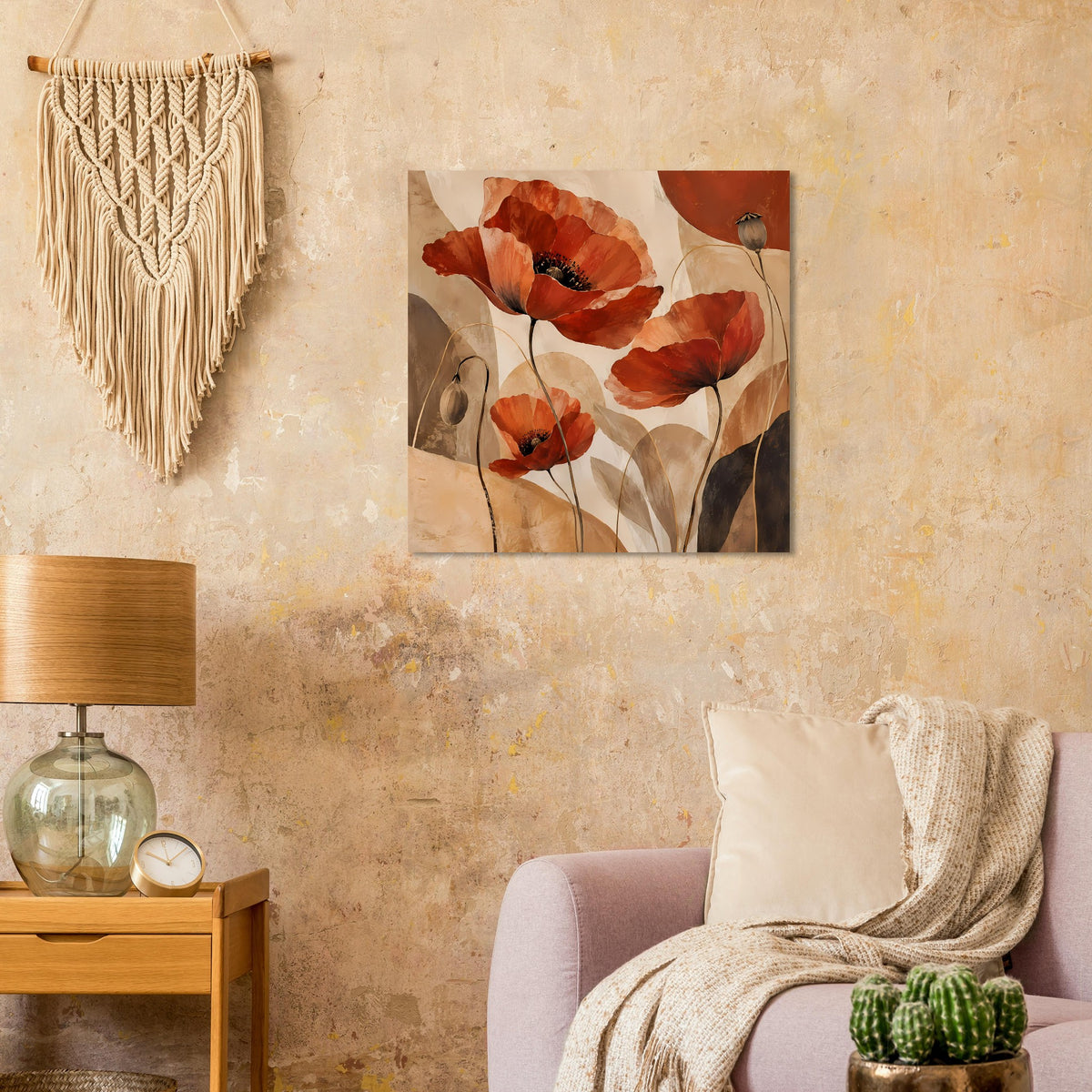 Poster mit roten Blüten und botanischen Pflanzenformen auf beigem Hintergrund