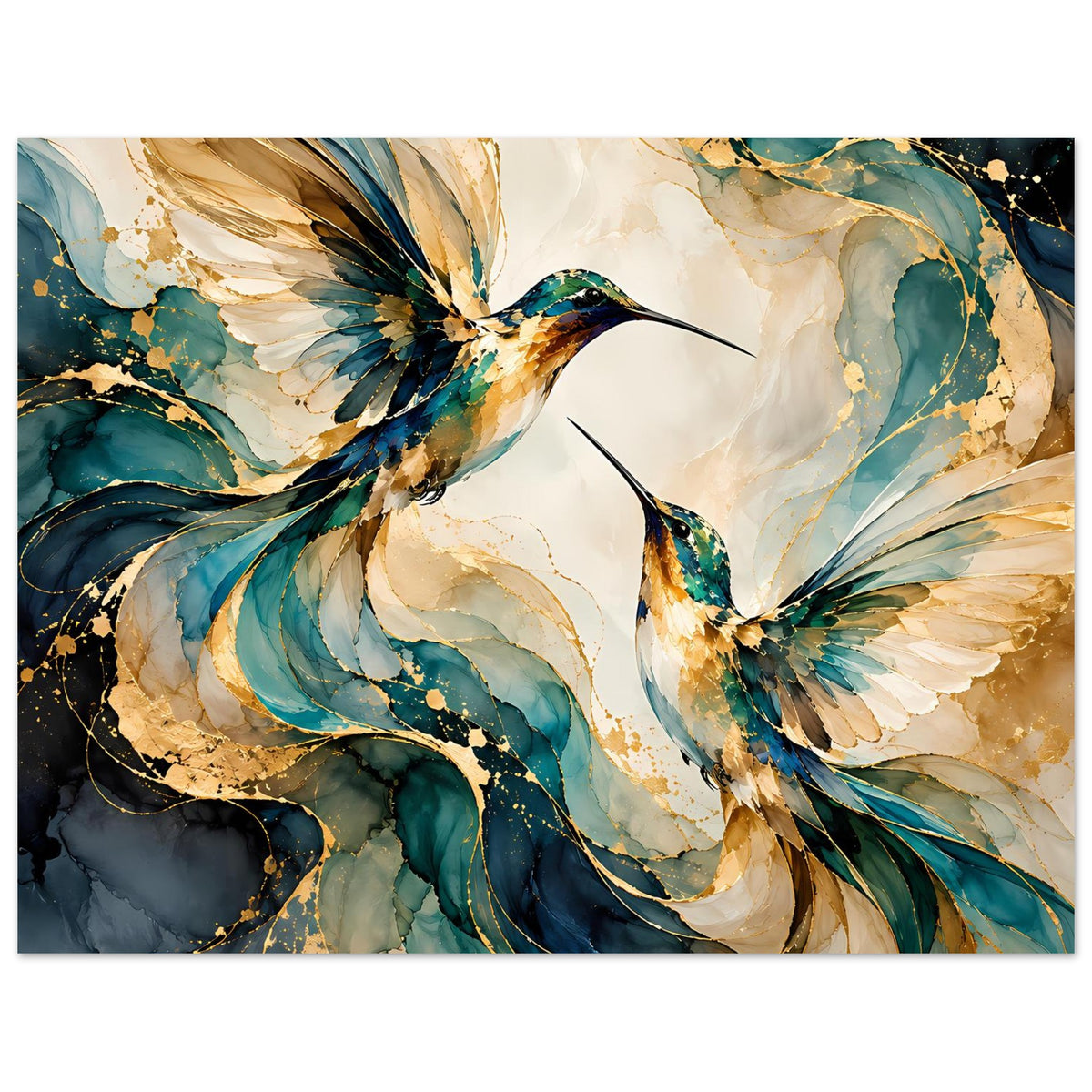 Vogelposter mit Kolibri-Motiv in Blau und Gold, Nahansicht der Federn