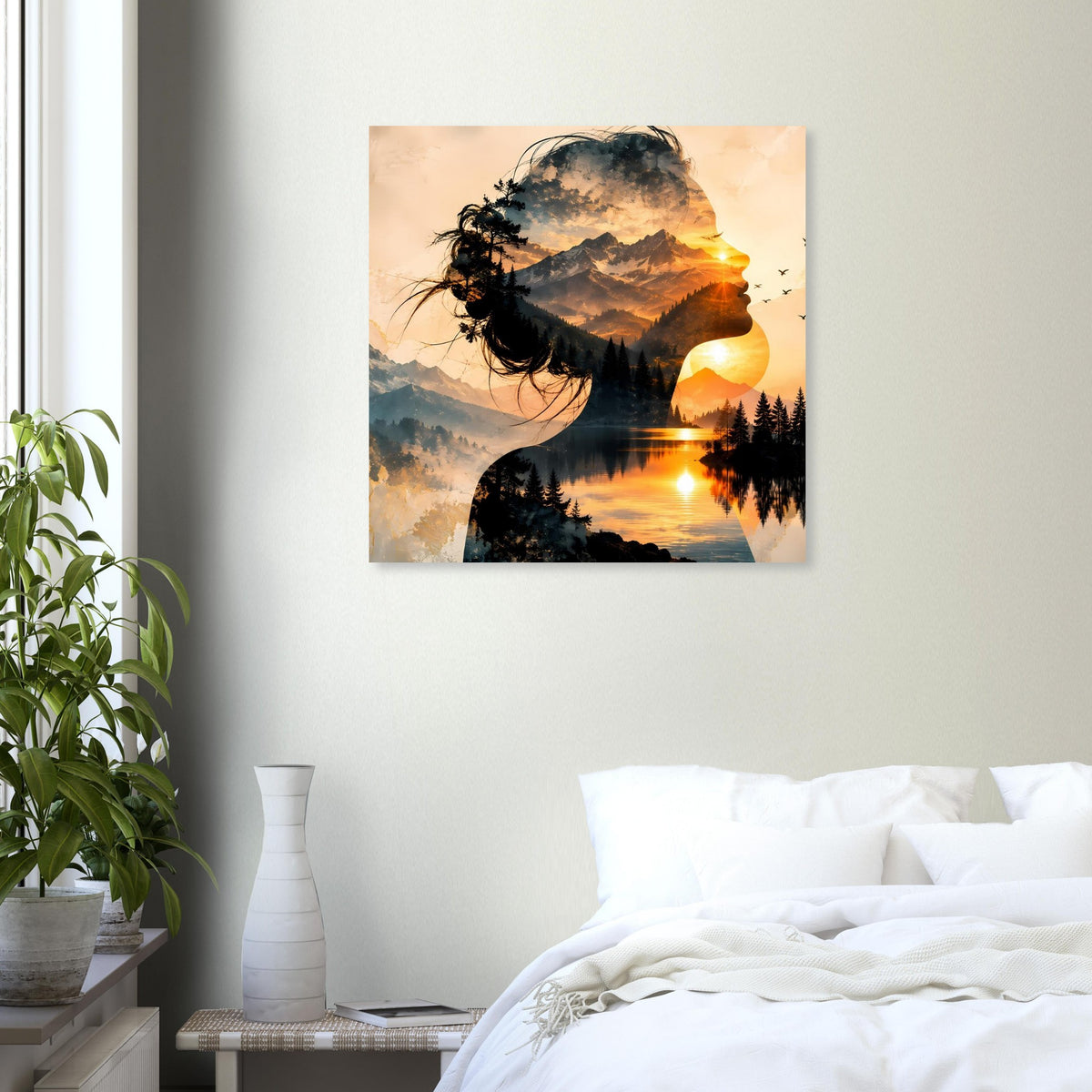 Quadratisches Poster mit Frauensilhouette-Profil, Bergsee und Sonnenuntergang in Doppelbelichtung