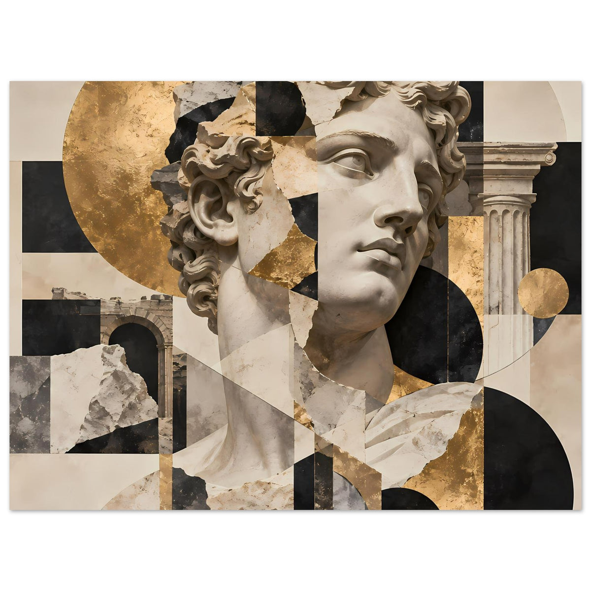 Kunstposter querformat mit Statuenporträt, Goldakzenten und schwarzen geometrischen Formen