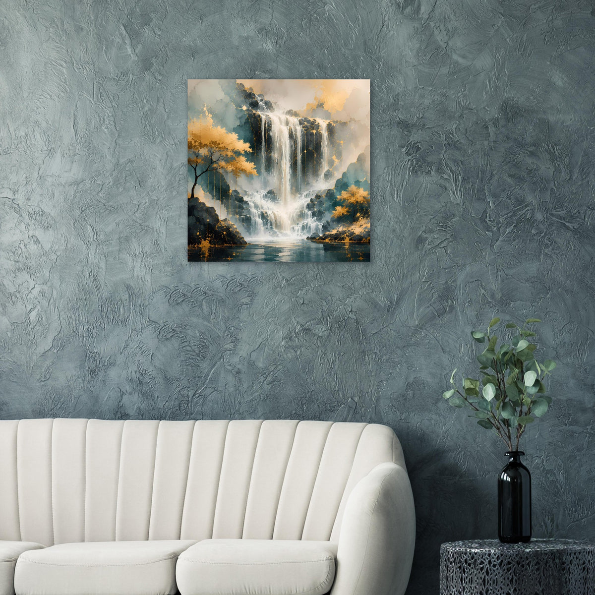 Quadratisches Wandposter mit Wasserfall-Motiv, goldene und blaue Farbverläufe
