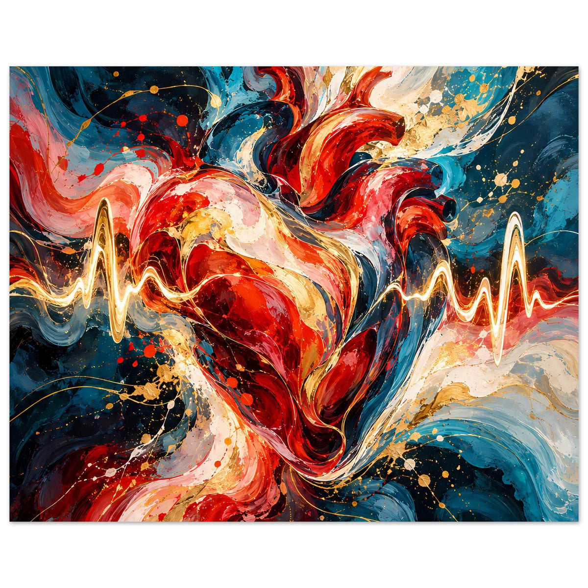 Abstraktes Herzmotiv als Poster mit goldener EKG-Linie, rot-blau-goldene Farbverläufe
