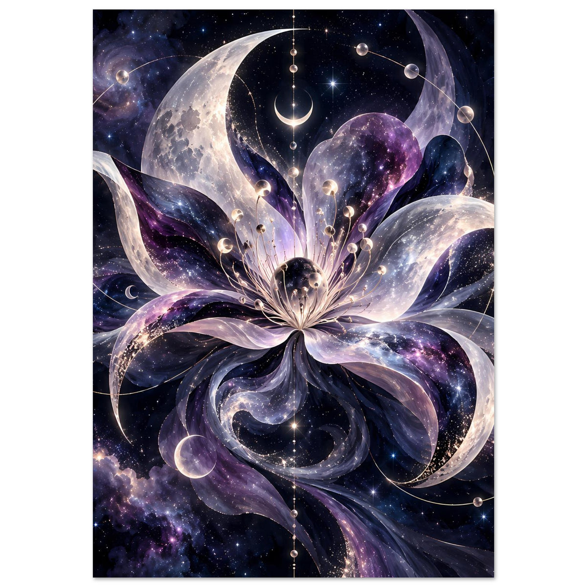 Kosmische Blüte mit Monden, Planeten und Sternen in violett-blauem Weltraum – Motivansicht 37