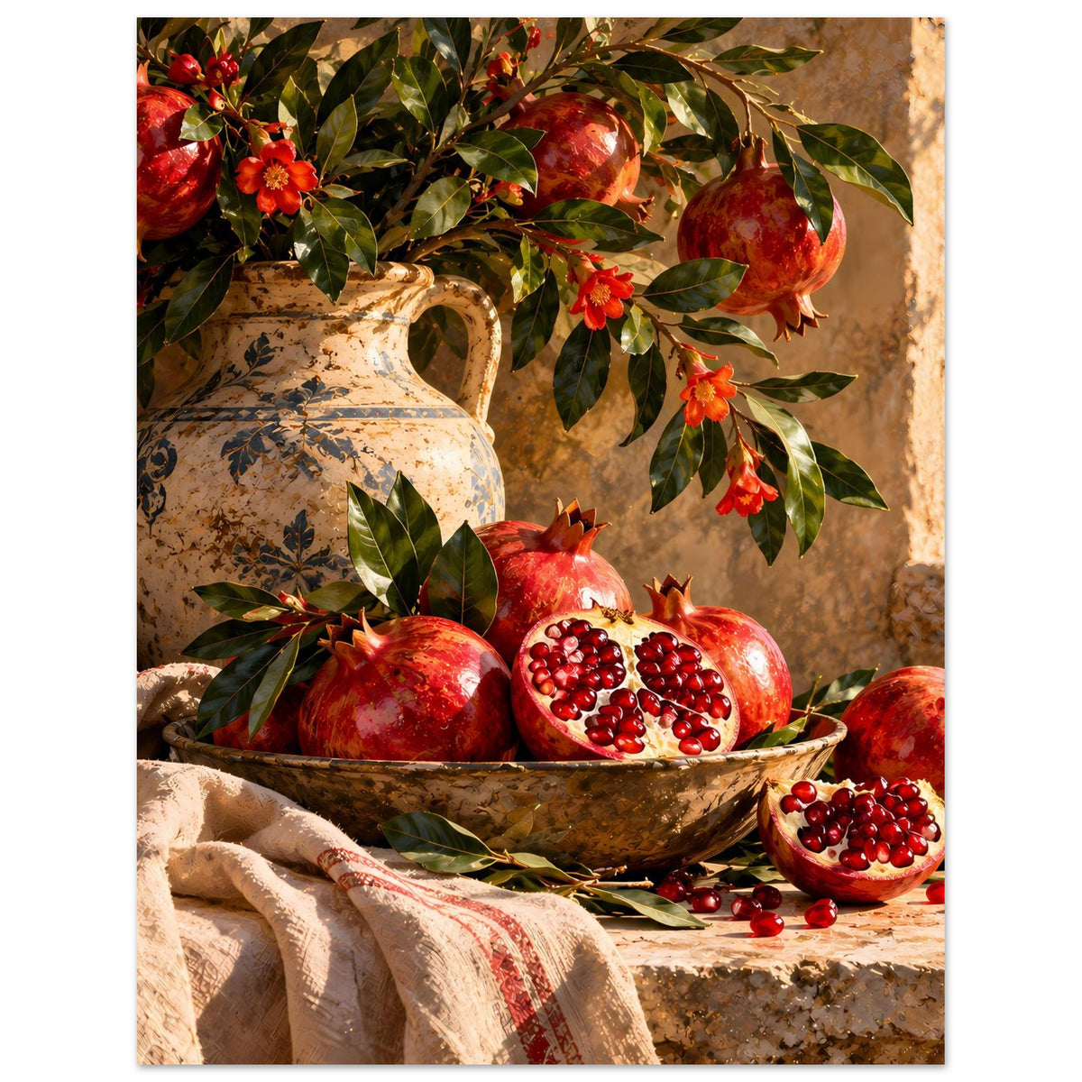 Poster mit Granatäpfeln und aufgeschnittener Frucht in Schale, Blätterzweige darüber