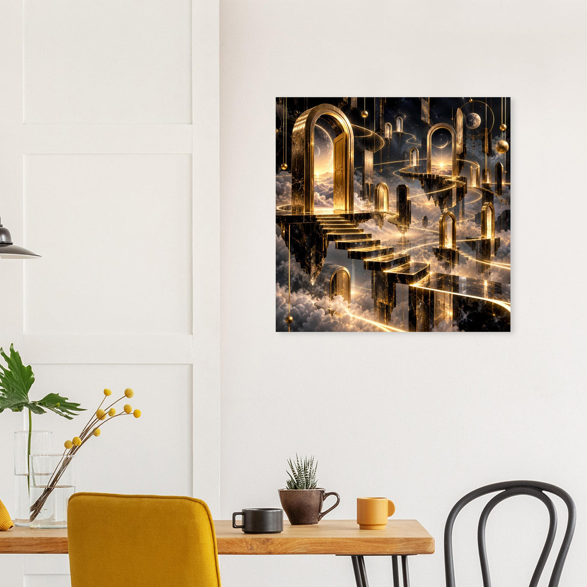 Gold-schwarzes Poster mit Treppenweg, Torbögen und goldenen Leuchtlinien