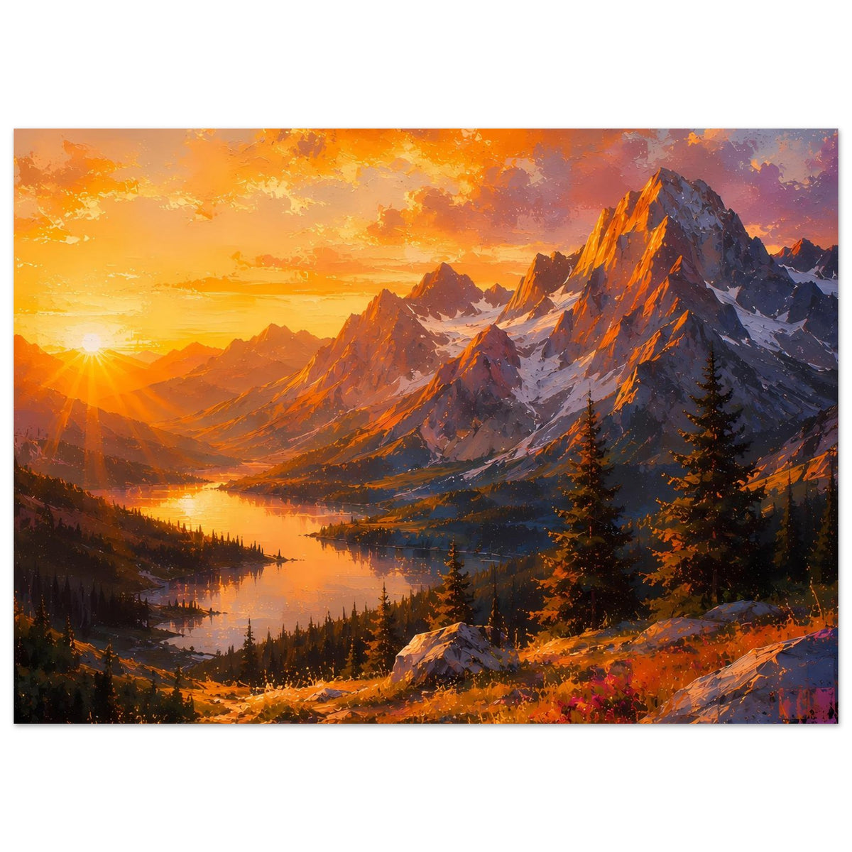 Horizontales Poster: Sonnenuntergang über Bergkette und spiegelndem See mit Tannen