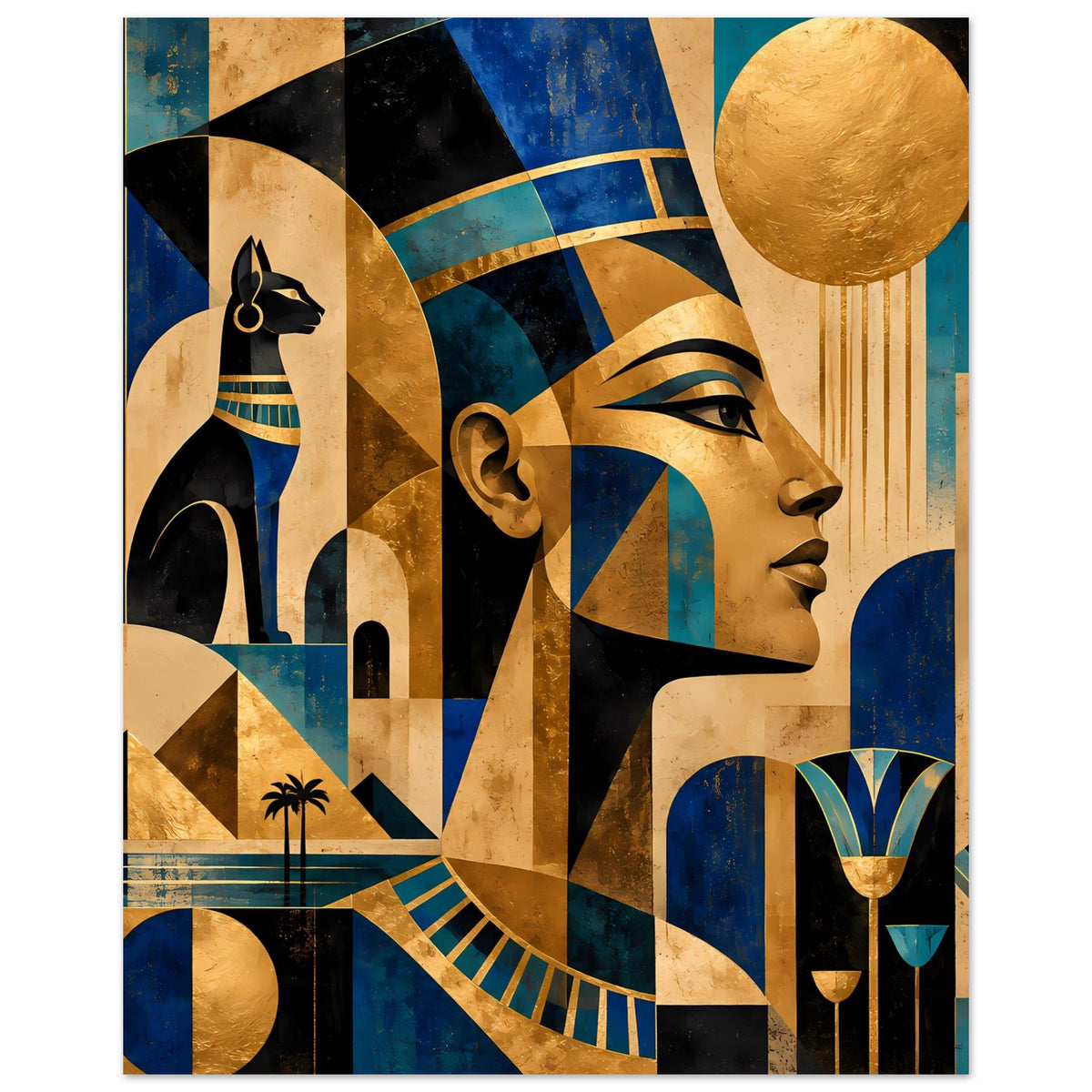 Ägyptisches Kunstposter mit Pharao-Profil, blauen Säulenornamenten und goldenen Flächen.