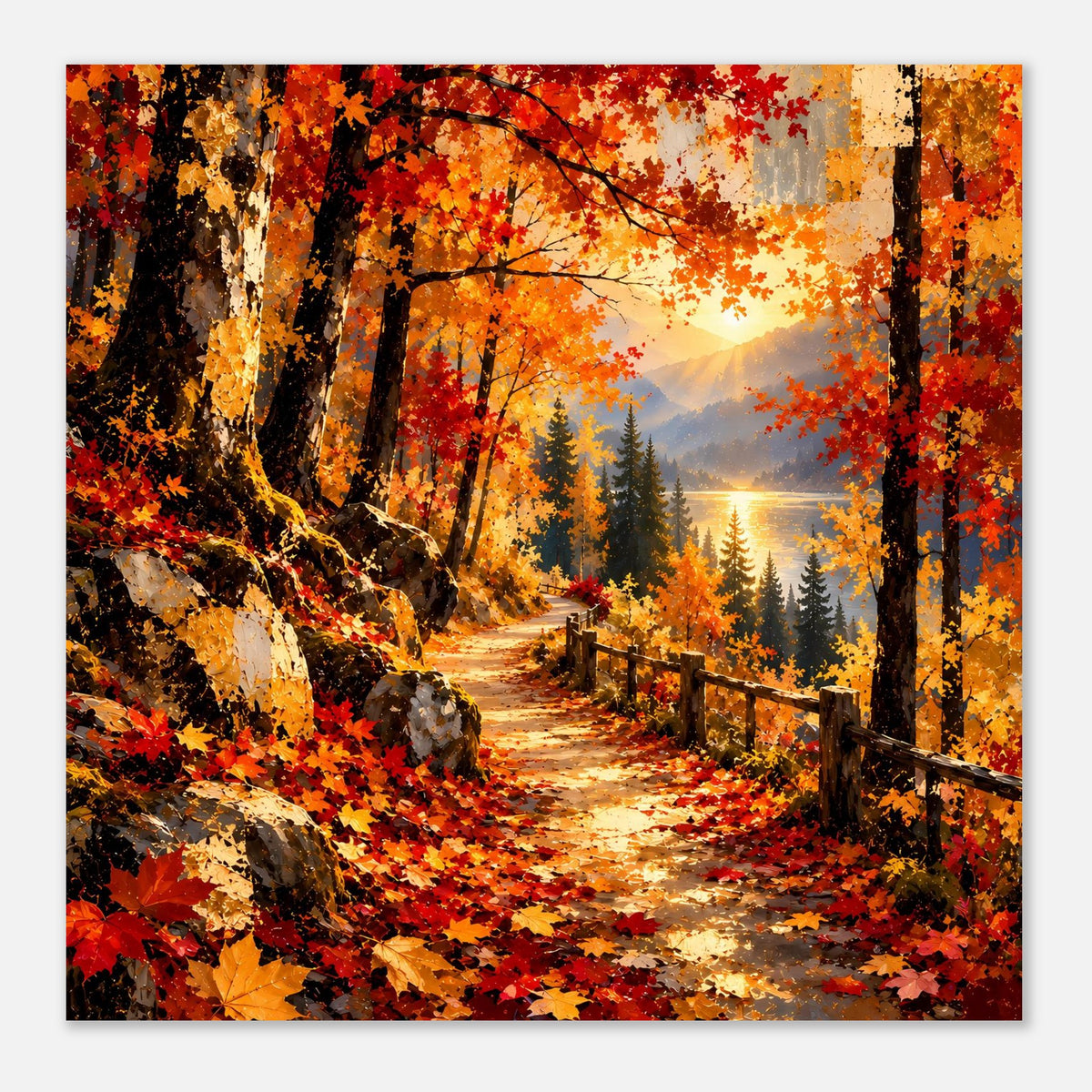 Herbstposter mit Waldweg, dunklen Baumstämmen, bunten Blättern und Sonnenaufgangsstimmung