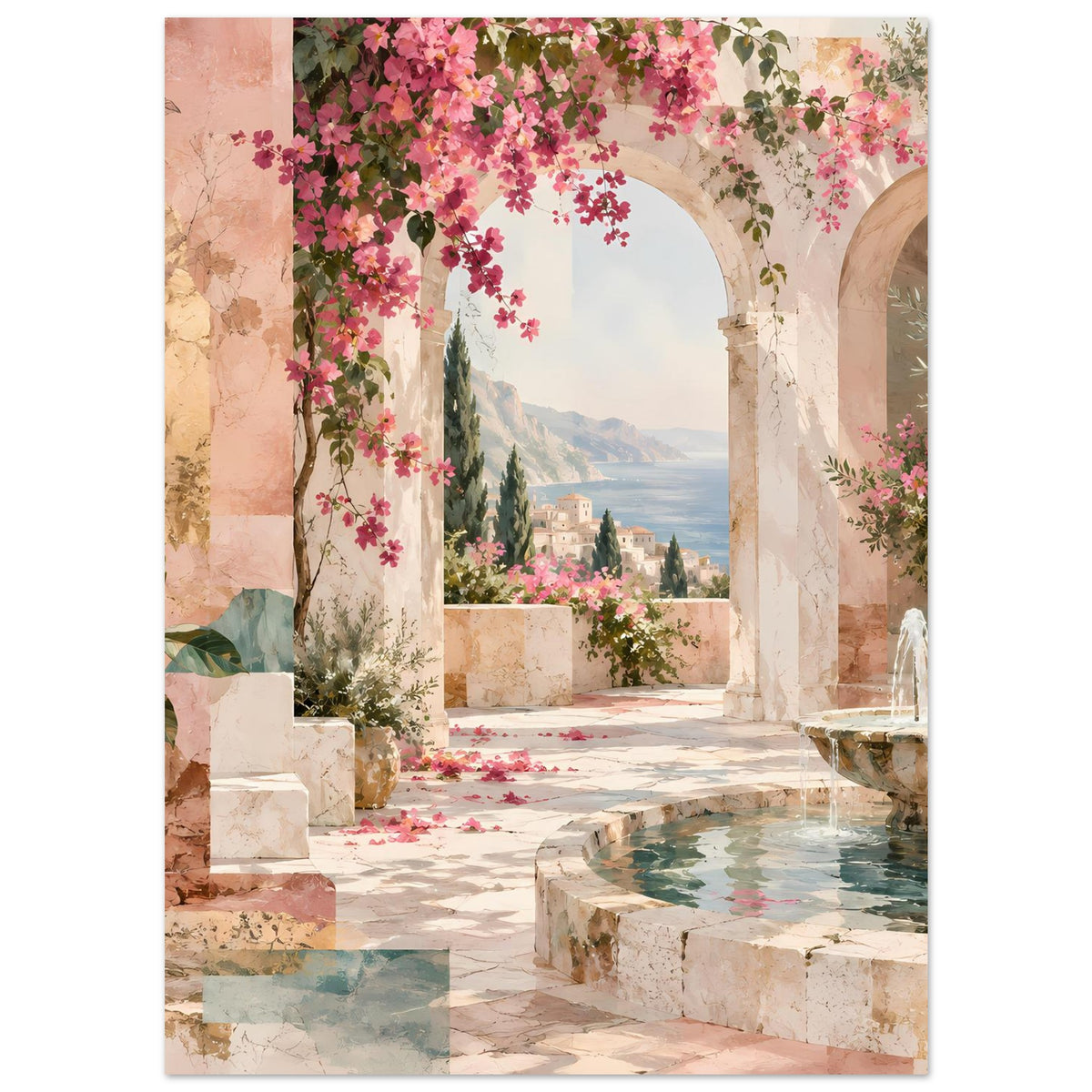 Kunstposter: mediterrane Terrasse mit rosa Blütenreben, Arkadenöffnung und Brunnen.