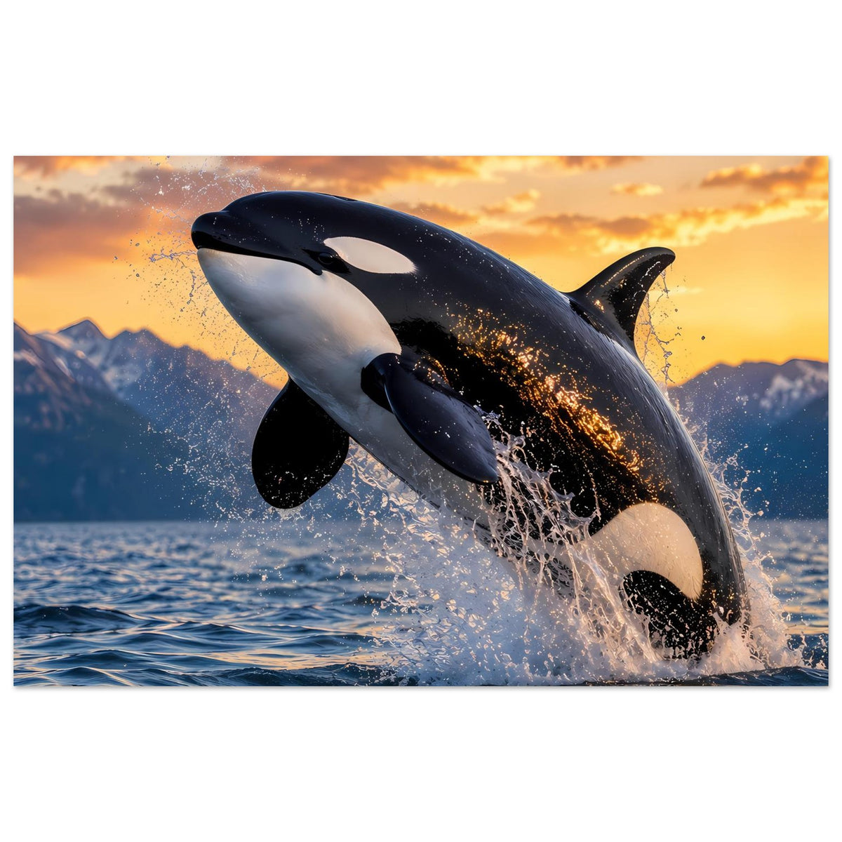 Poster im Querformat: springender Orca mit dunklem Rücken und gelben Spritzpartikeln