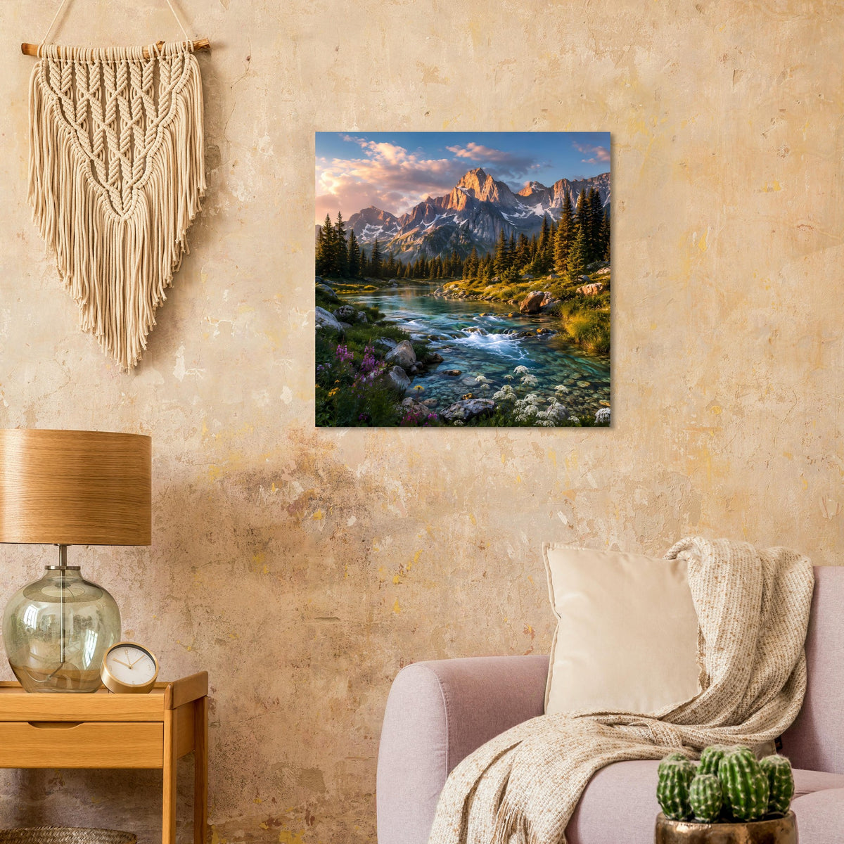 Landschaftsposter mit Gebirgslandschaft: Fluss, Felsen, Nadelwald und Abendhimmel