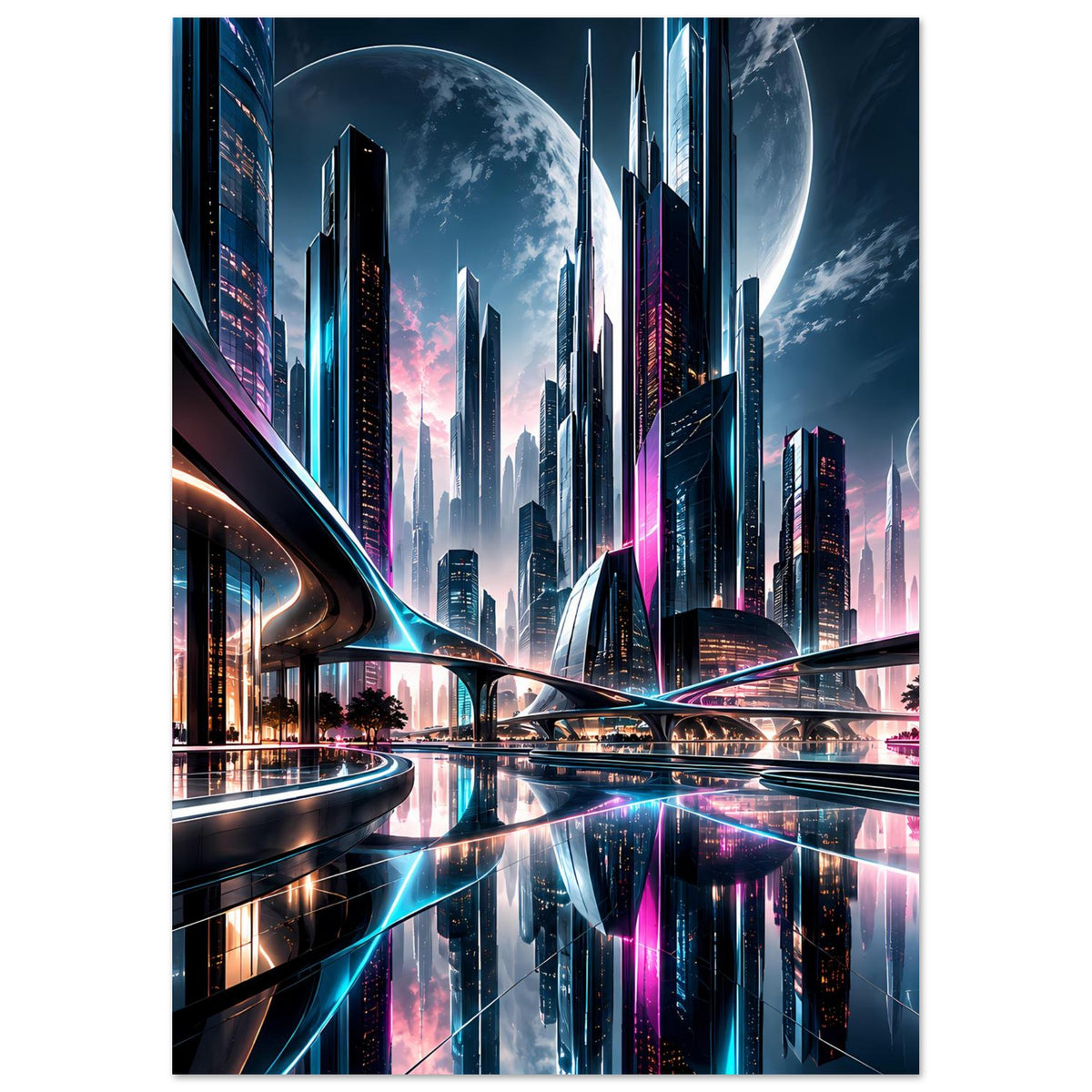 Poster: Neon-Stadt-Skyline mit Mond und leuchtenden Wolkenlichtern, Hochformat