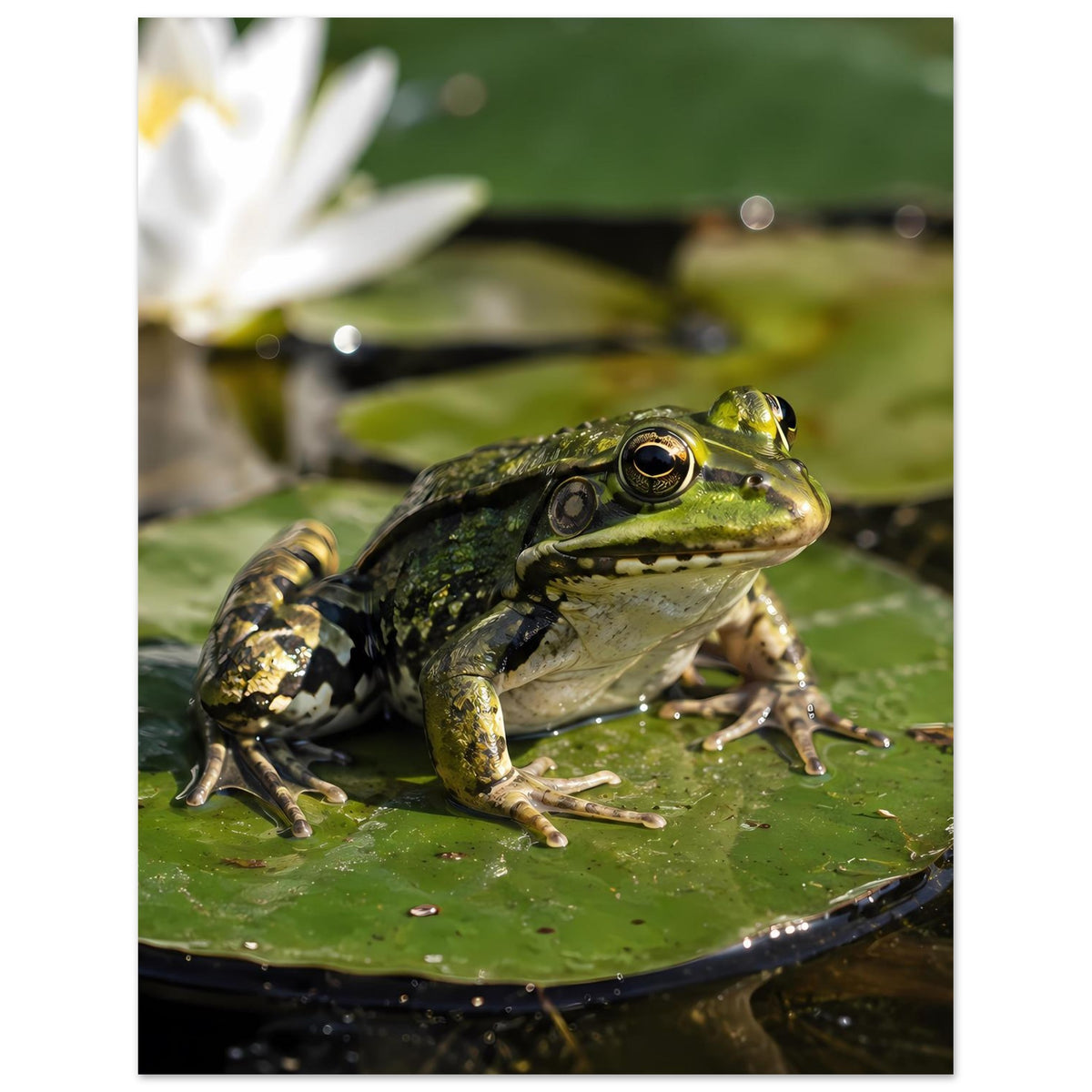 Poster: grüner Frosch auf Seerosenblatt, seitliche Perspektive im Wasser