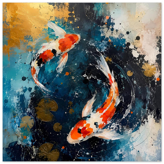 Poster mit zwei Koi im abstrakten Wasserwirbel, orange-weiße Koi mit blauen und schwarzen Flächen