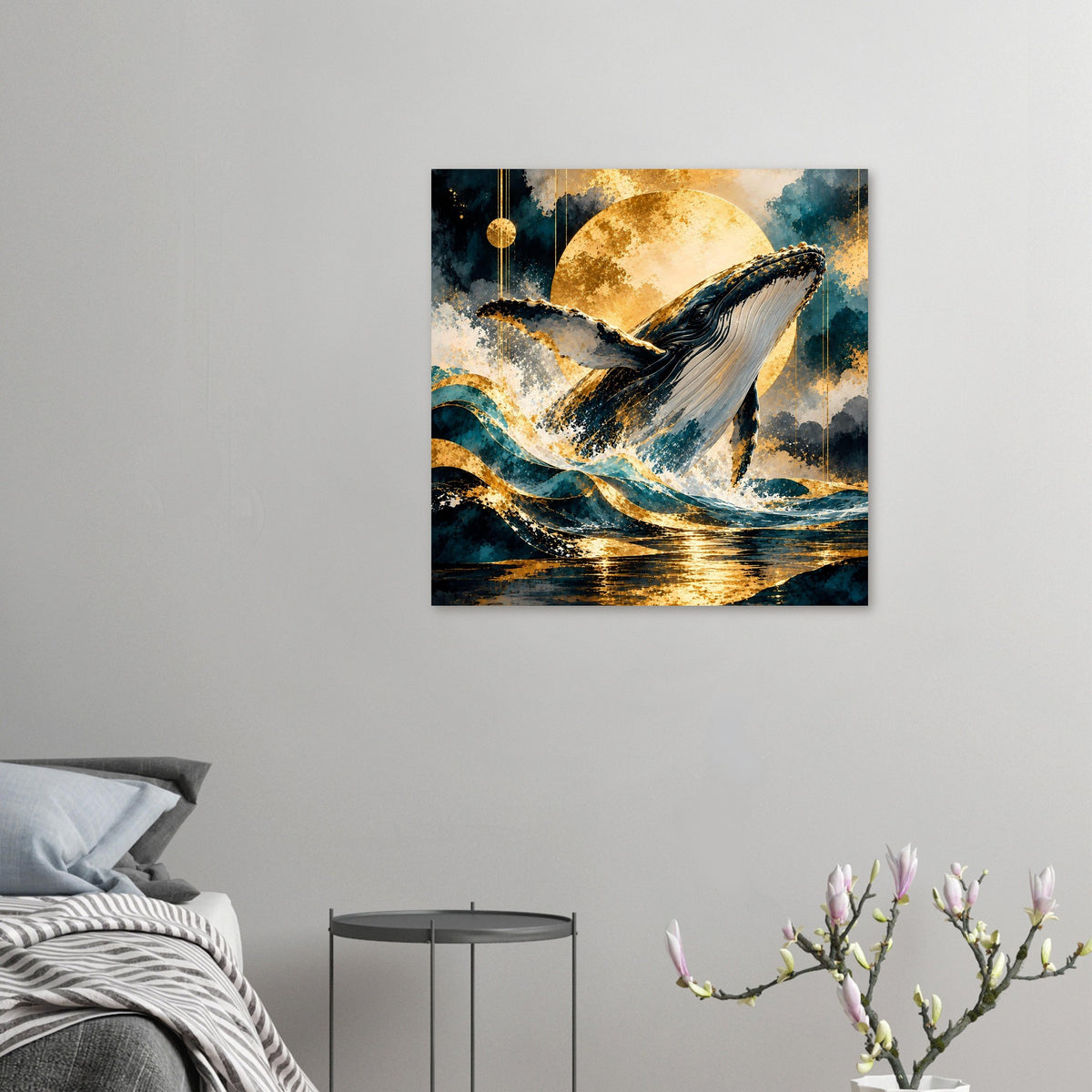 Quadratisches Poster mit Buckelwal und dramatischen Wellen, goldener Mondschein