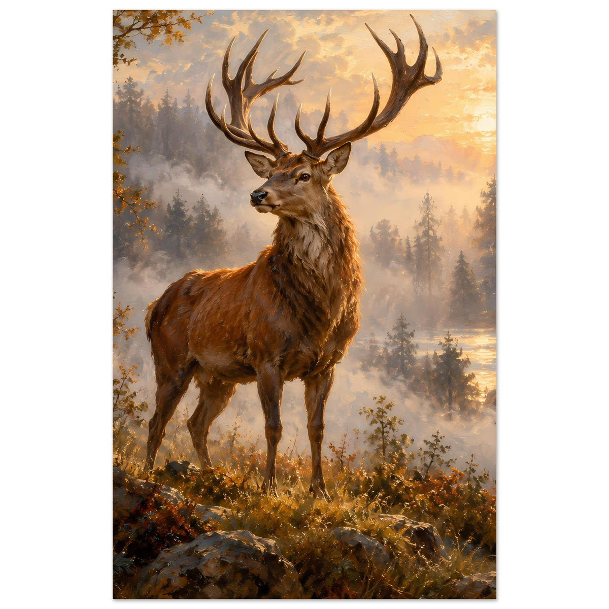 Hirschposter, brauner Hirsch mit großen Geweihhörnern im nebligen Morgenwald