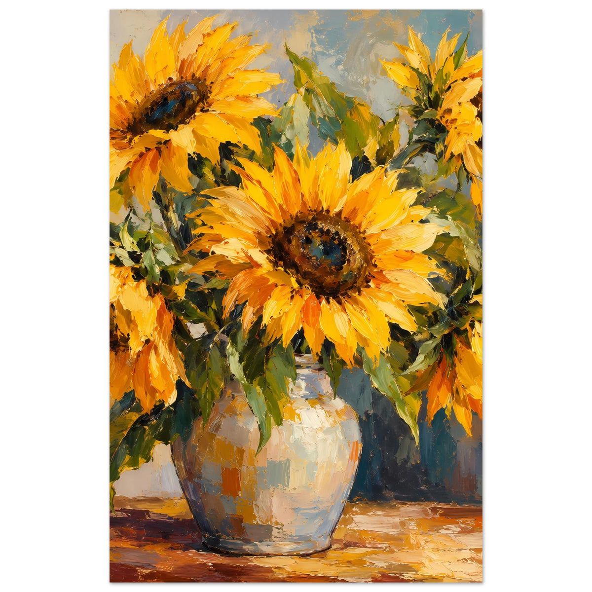 Stillleben-Poster mit Sonnenblumenbouquet in weißer Vase, gelb-orange Blüten und grüne Blätter
