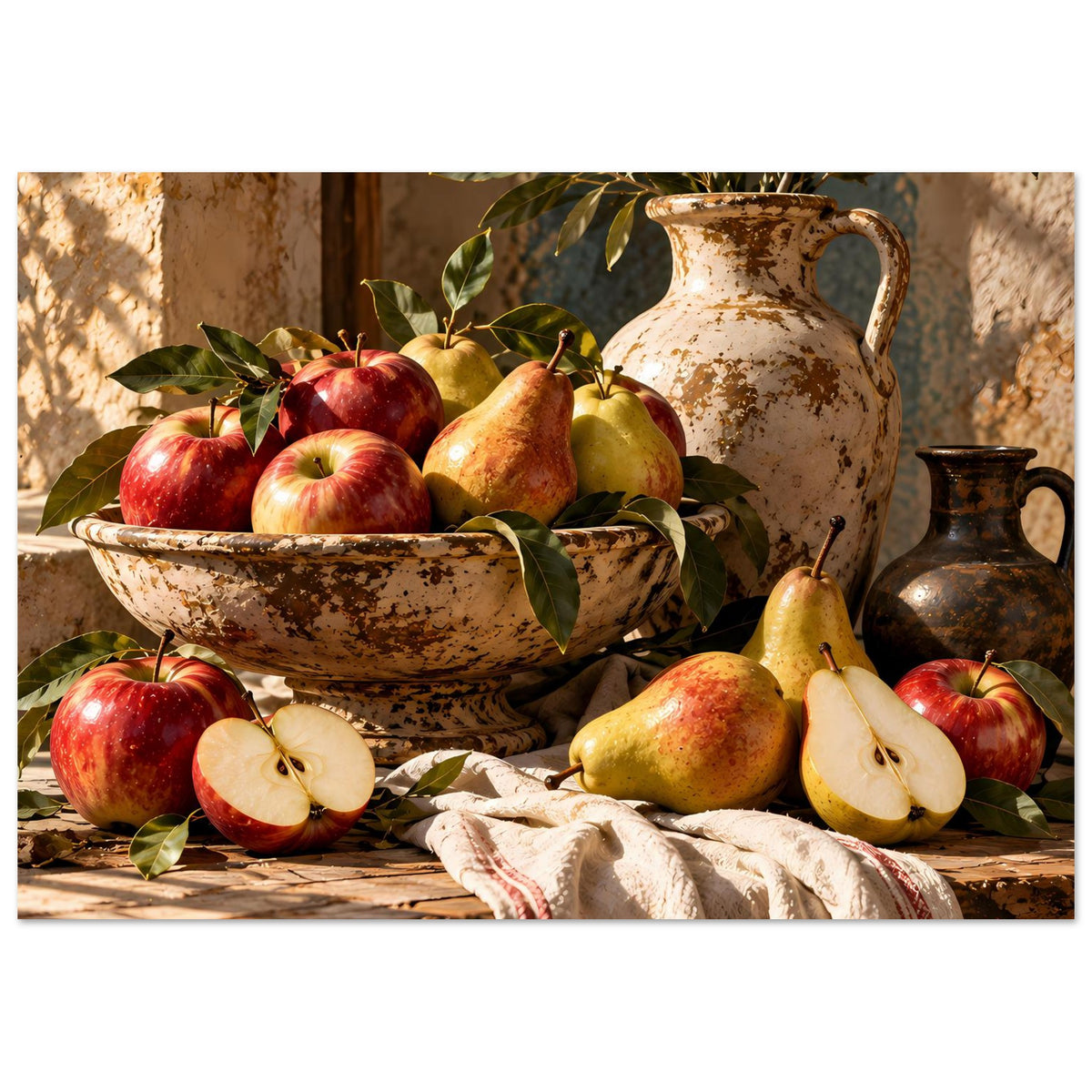 Herbstliches Stillleben-Poster mit Äpfeln, Birnen, Krug und Obstschale