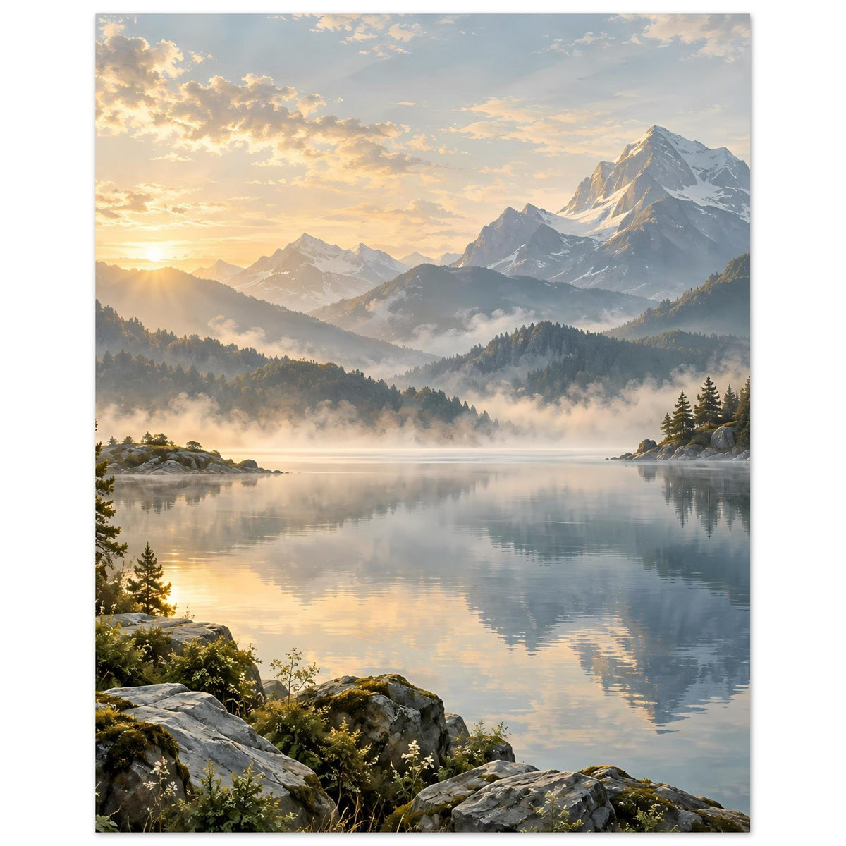 Vertikales Landschaftsposter: Sonnenaufgang über Nebel im Tal mit spiegelndem Bergsee