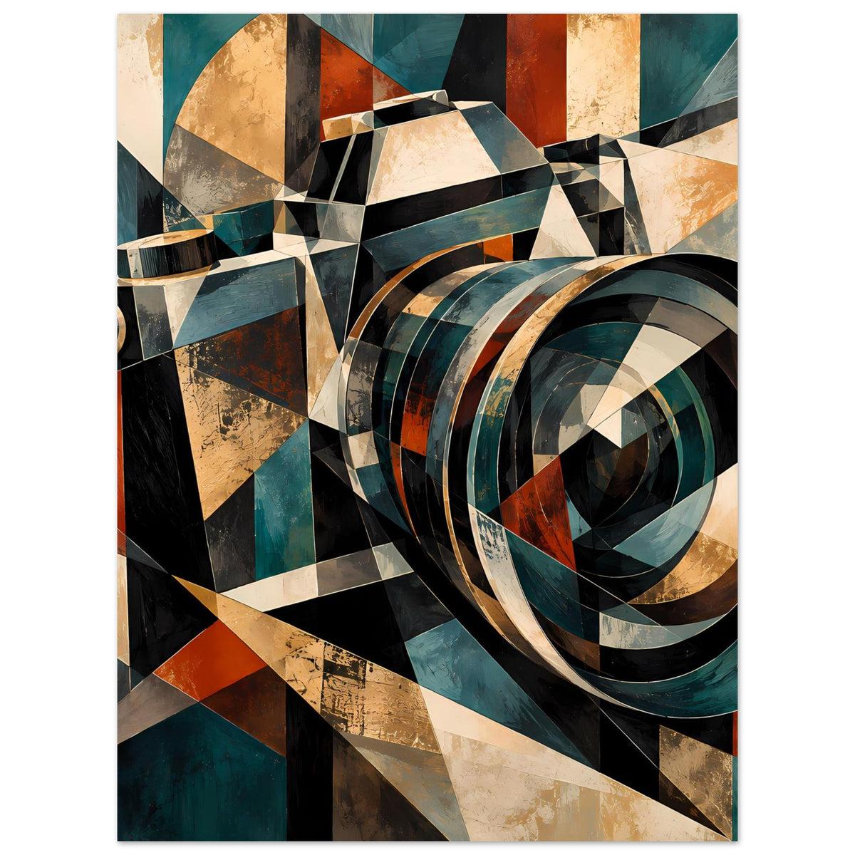 Geometrisches Kamera-Retroposter mit kreisförmiger Optik, Ringen und Polygonen in Petrol und Rostorange