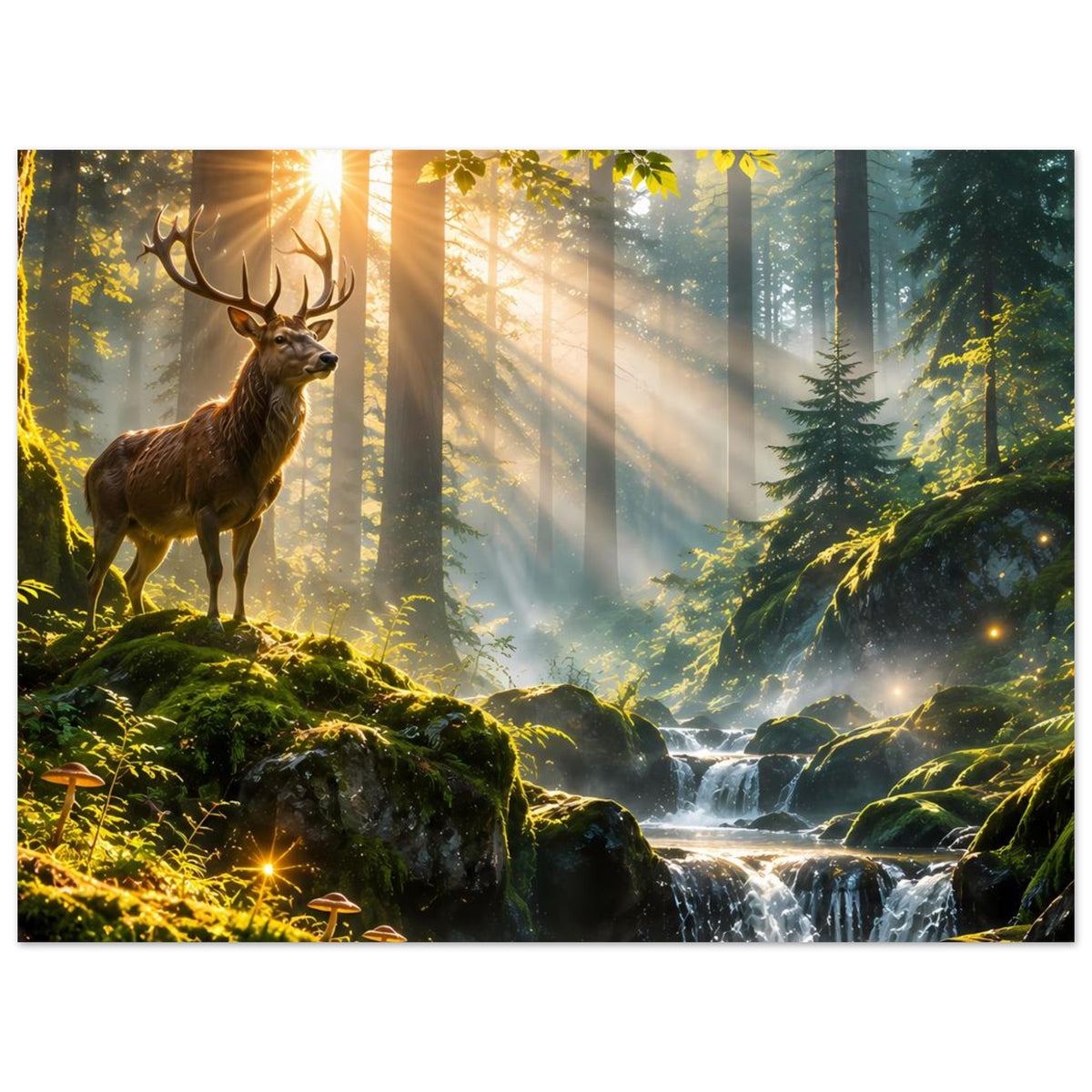 Waldlandschaft-Poster: Hirsch auf moosigem Hügel, goldene Sonnenstrahlen und Wasserfall
