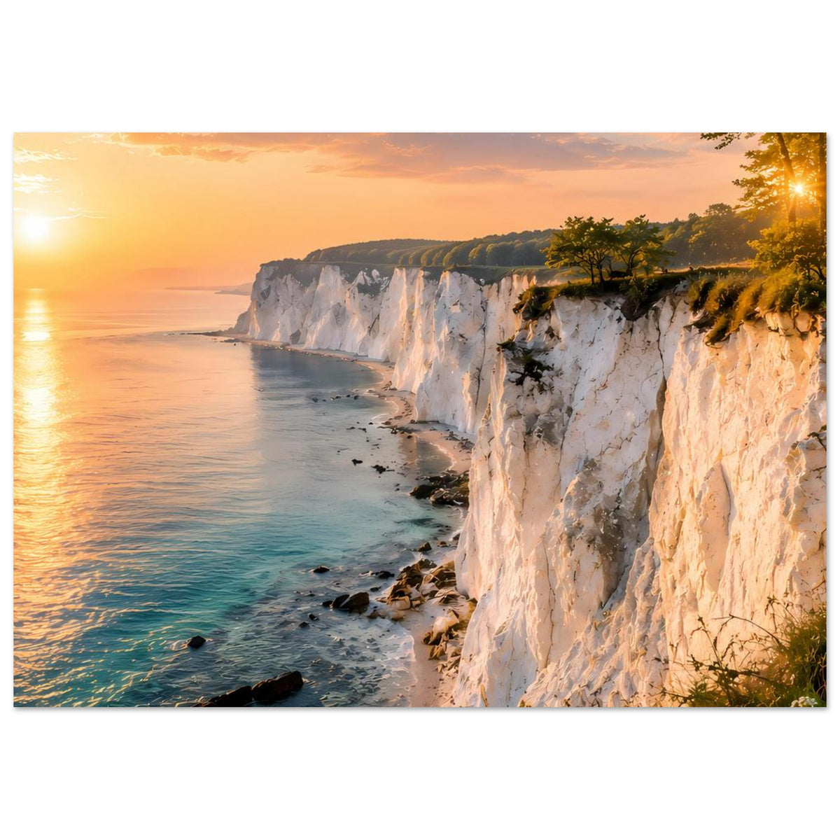 Horizontaler Poster im Querformat mit Küstenklippe, Meer und Sonnenuntergang