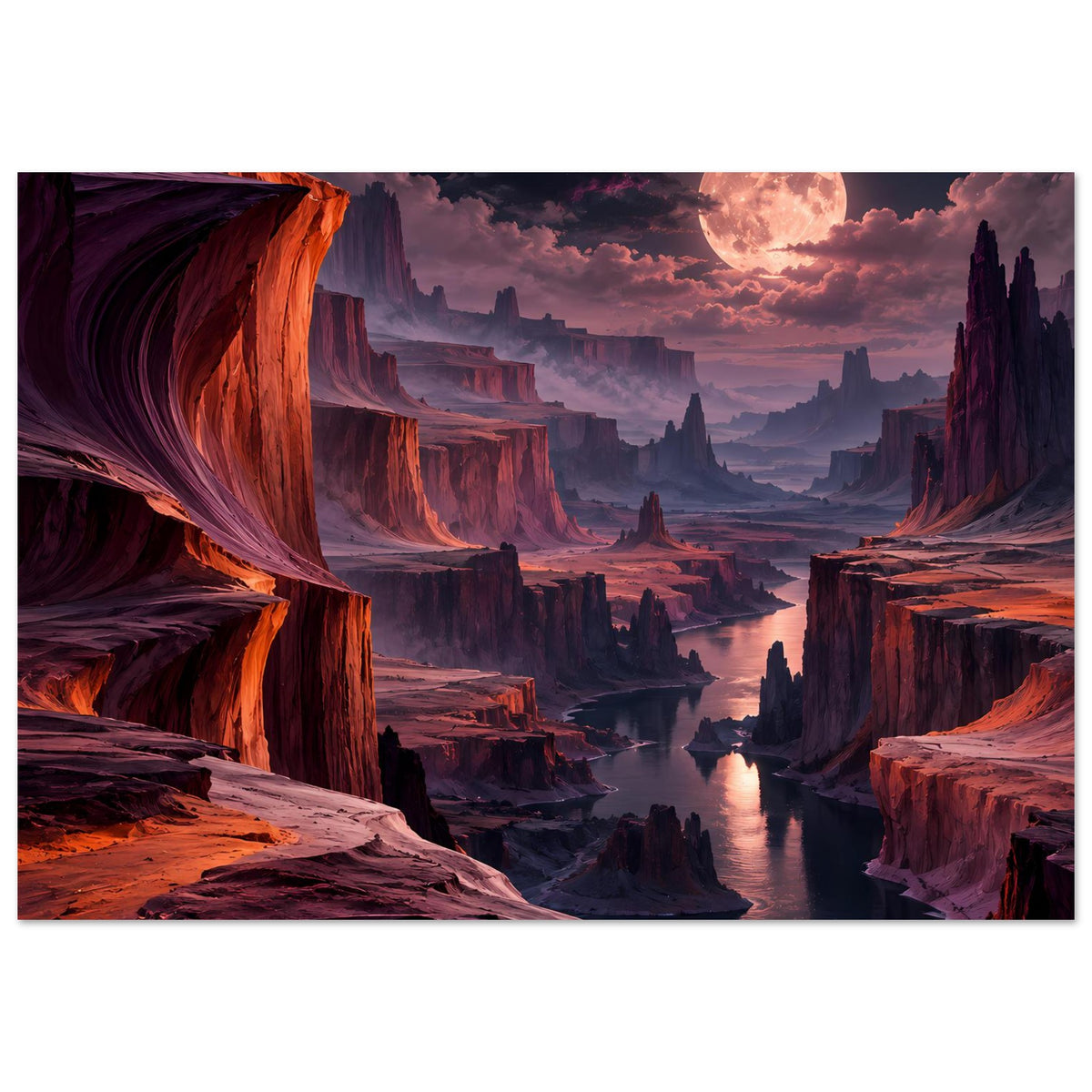 Landschaftsposter mit Canyon, Fluss und großem Mond über einer mystischen Skyline, rot-orangefarben