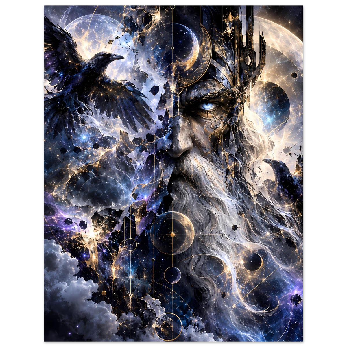 Fantasy-Poster: Sagenkönig mit Raben, kosmischen Planeten und Sternen