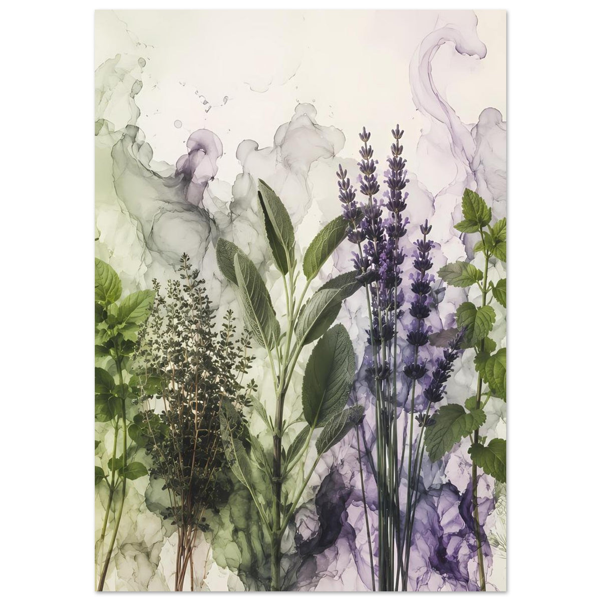 Botanisches Poster mit Lavendelrispen und grünen Kräutern, Aquarellstil, Hochformat