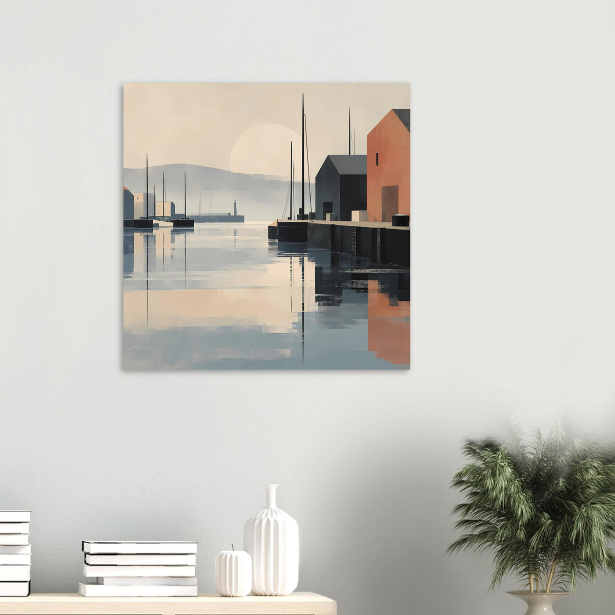 Kleines Hafen-Sonnenuntergangs-Poster mit Spiegelung, dunklen Masten und orangefarbenem Bau, Rand