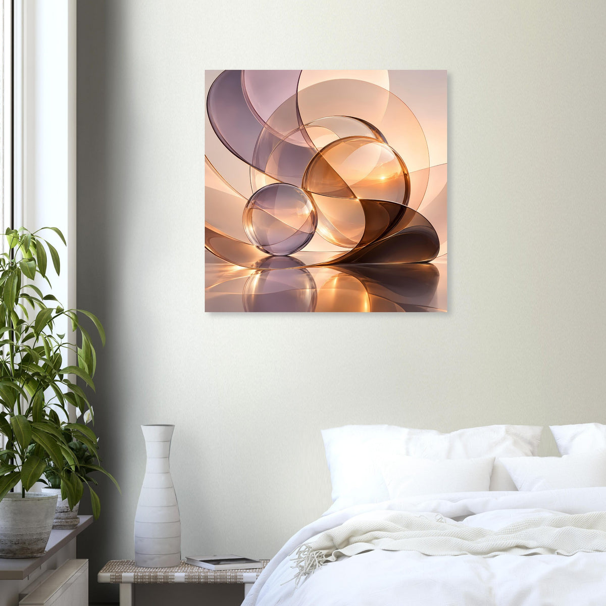 Quadratisches Poster mit abstrakten Glas-Kugeln, warmen Lichtreflexen und sanften Kurven