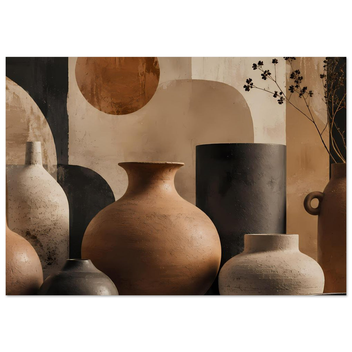 Poster mit Keramikvasen: zentrale Terrakotta-Vase, schwarze und helle runde Gefäße