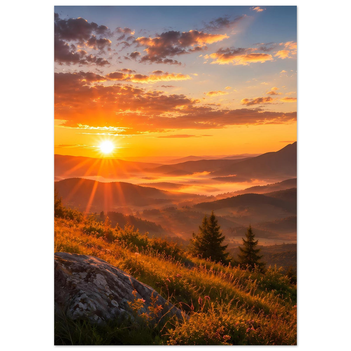 Landschaftsposter Hochformat mit Sonne über Tälern, Wiese mit Blumen und Tannen