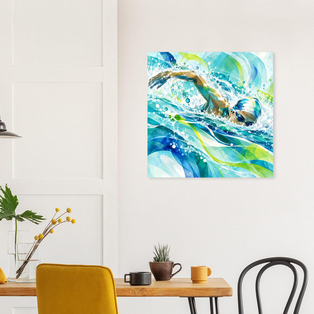 Quadratisches Kunstposter mit Delphin-Motiv im Meerwasser-Look, Blau- und Grüntöne