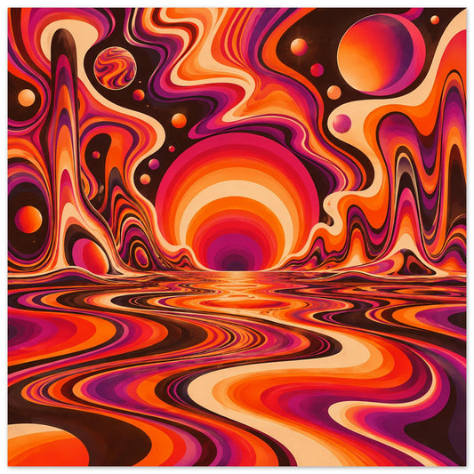 Poster mit psychedelischen Swirls in Orange und Violett, runde Sonne über welligem Boden