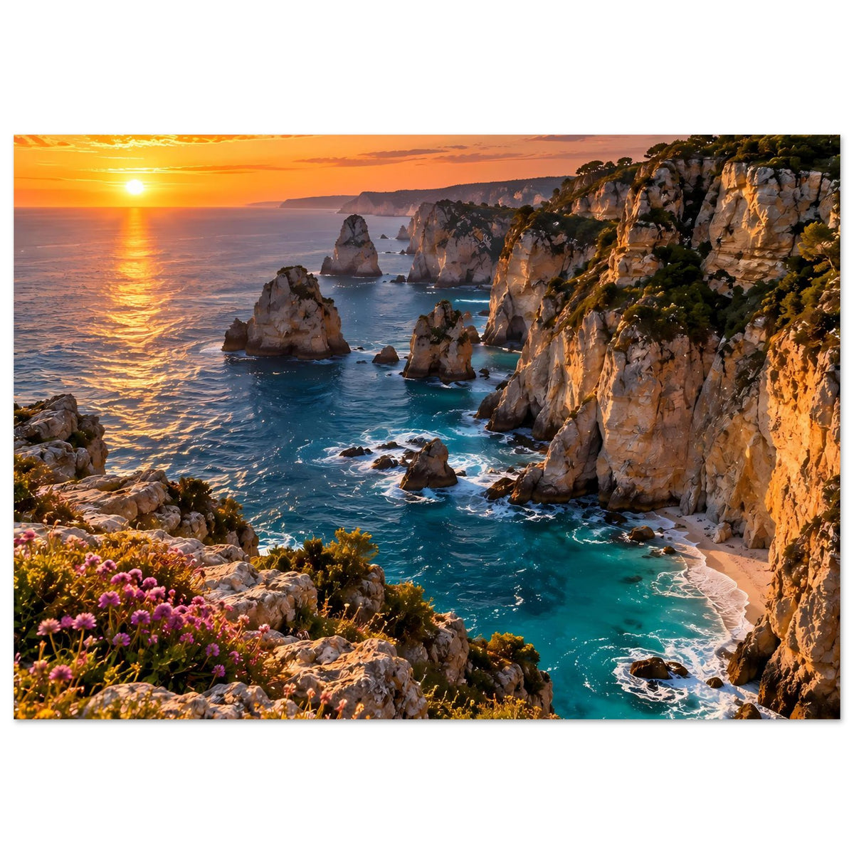 Küstenposter im Querformat: goldener Sonnenuntergang über Felsklippen und türkisfarbenem Meer.