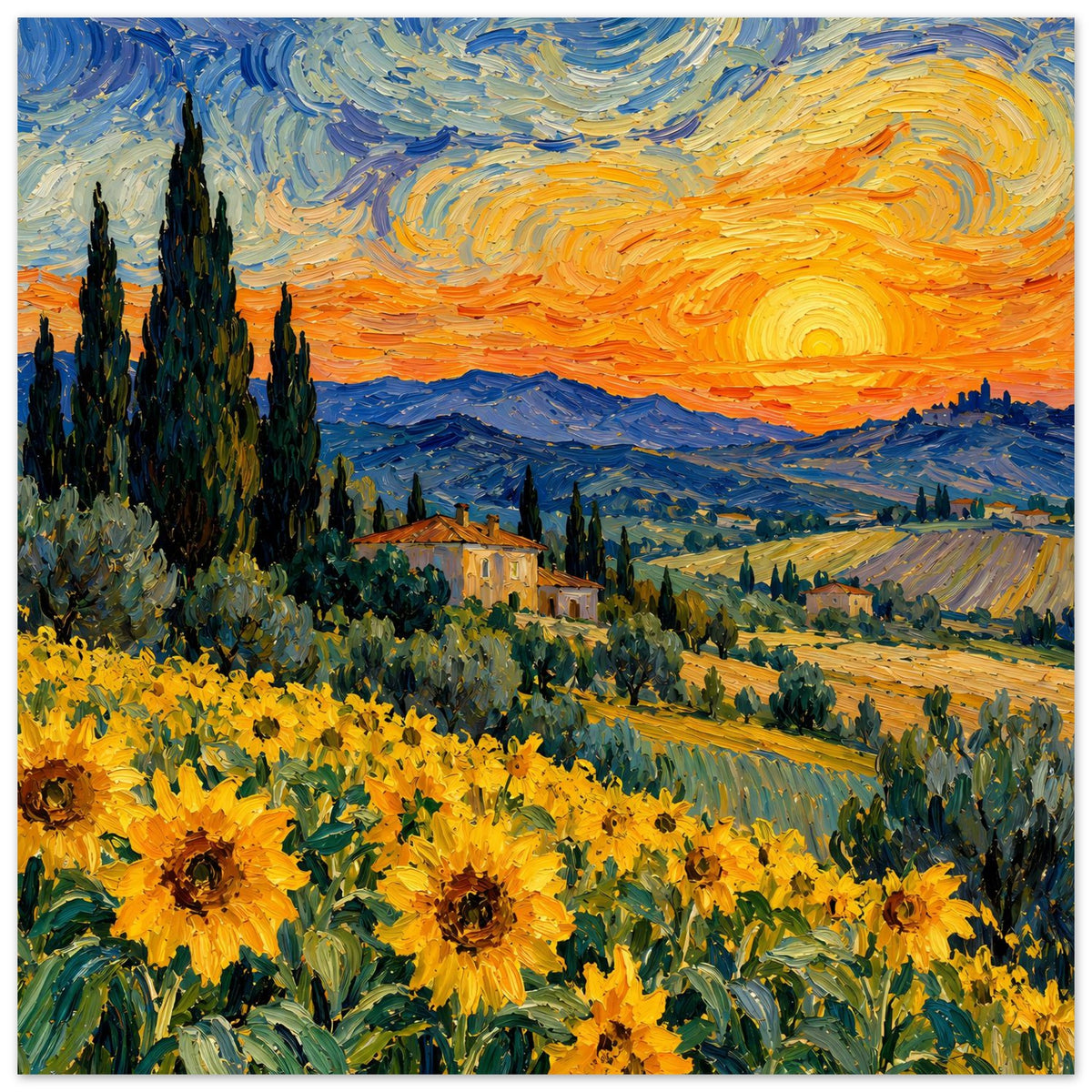 Sonnenblumenfeld-Poster mit orangefarbener Sonne, welligem Himmel und Dorf zwischen Hügeln