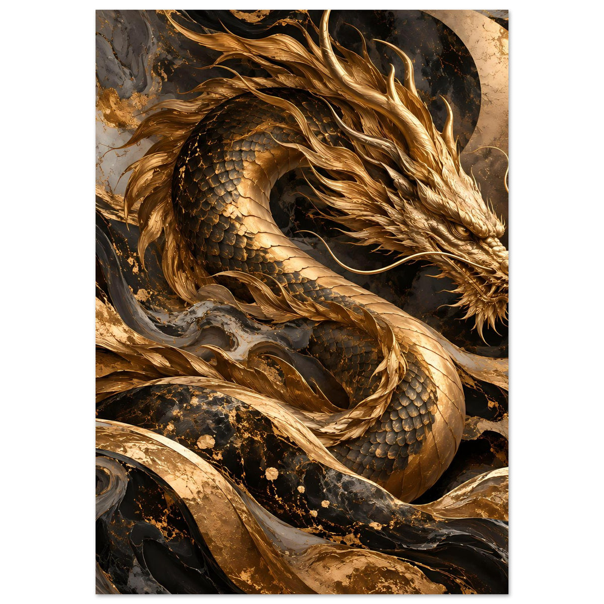 Fantasy-Poster mit goldener Drachenfigur, detaillierten Schuppen und Strähnenmähne im Fokus