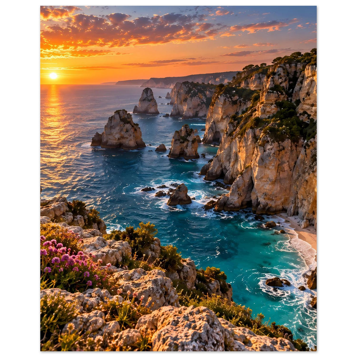 Küstenposter im Hochformat: Sonnenlicht über dem Ozean, Felsnadeln im türkisfarbenen Wasser