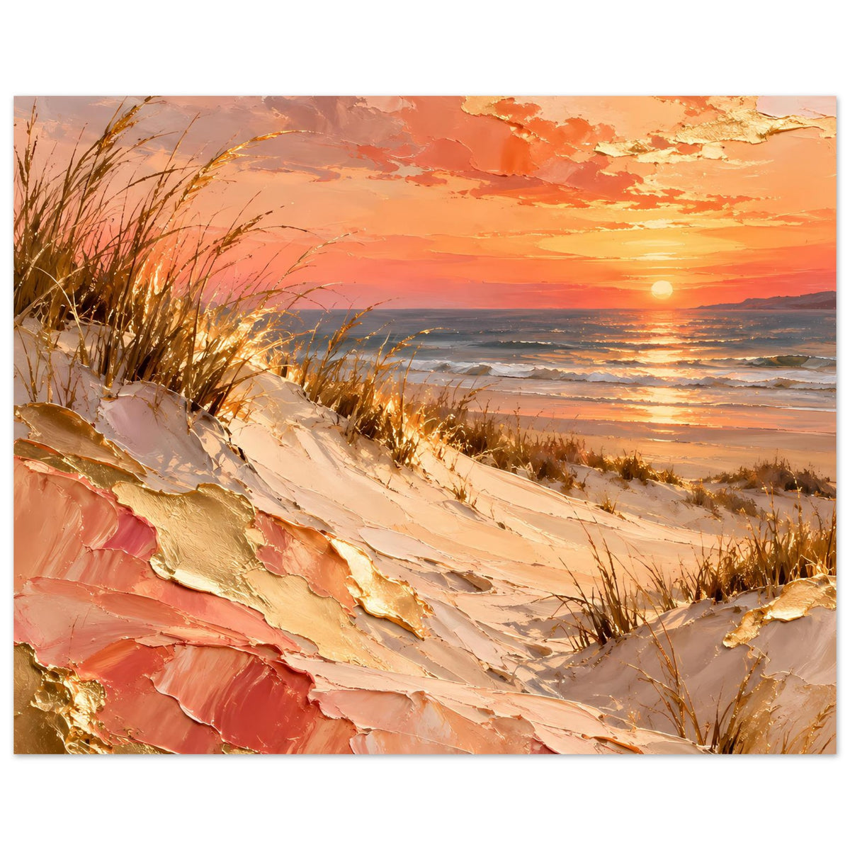 Querformatiges Meerposter mit Stranddünen im Vordergrund und gold schimmerndem Meer