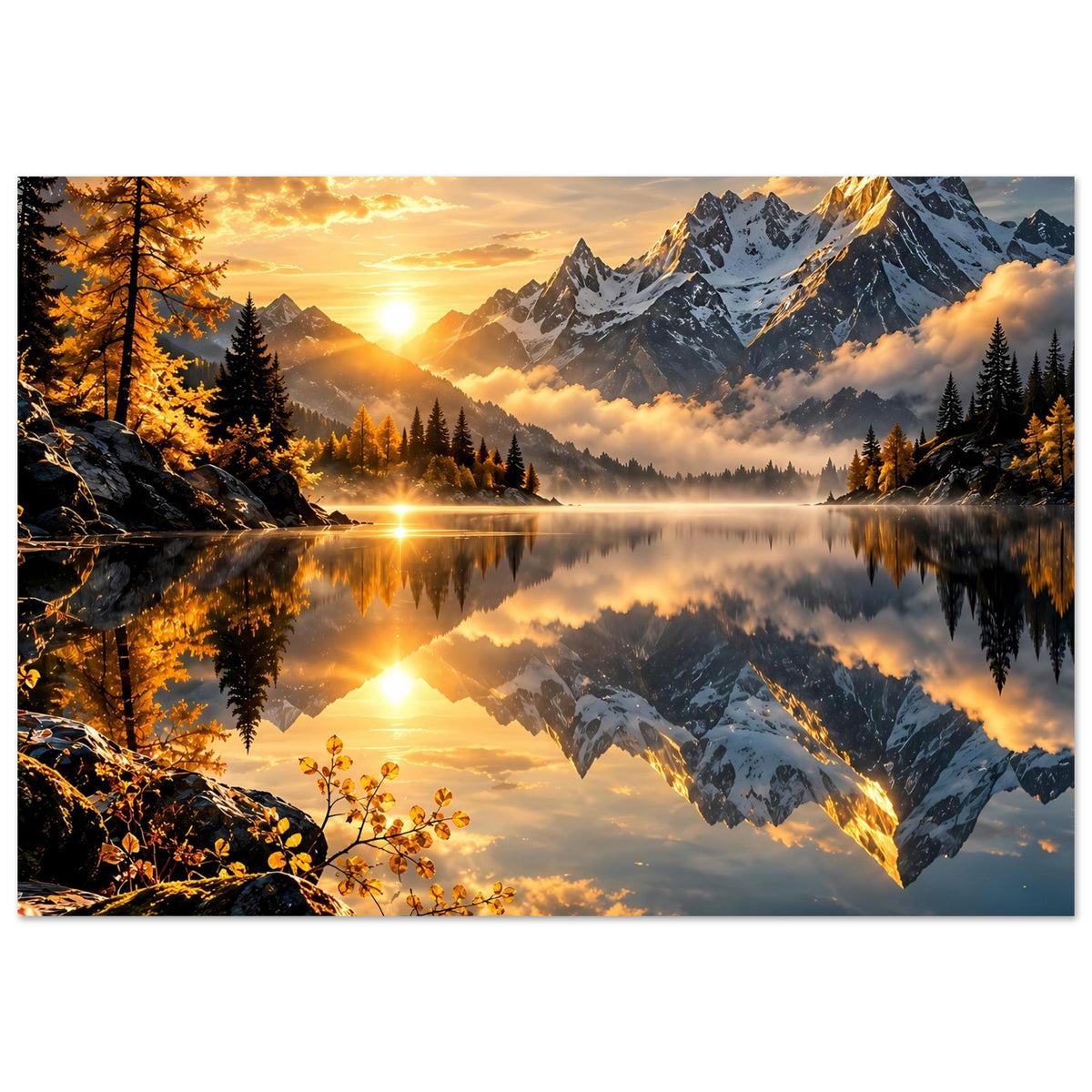 Querformatposter mit Sonnenaufgang über Bergsee und klaren Spiegelungen