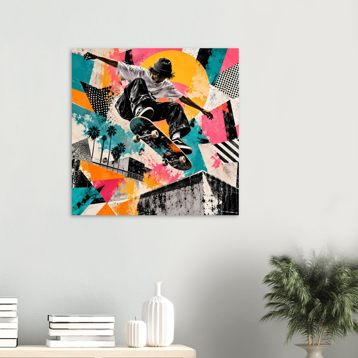 Kleines Poster im Querformat mit Skateboarder im Action-Motiv und Street-Art