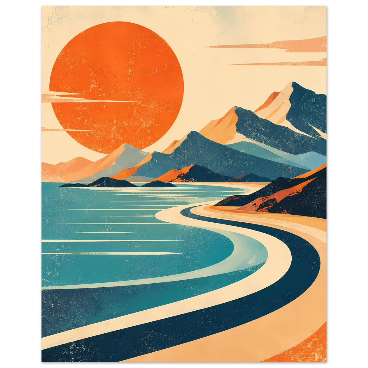 Vintage-Poster mit rotem Sonnenkreis, Bergkamm und türkis-blauen Wellenlinien am Ufer