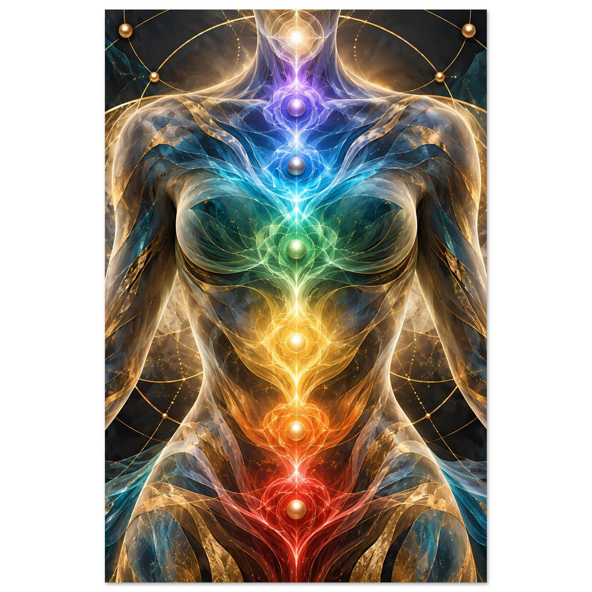 Energieposter mit Menschensilhouette und leuchtendem Chakra-Knoten in der oberen Kopfzone