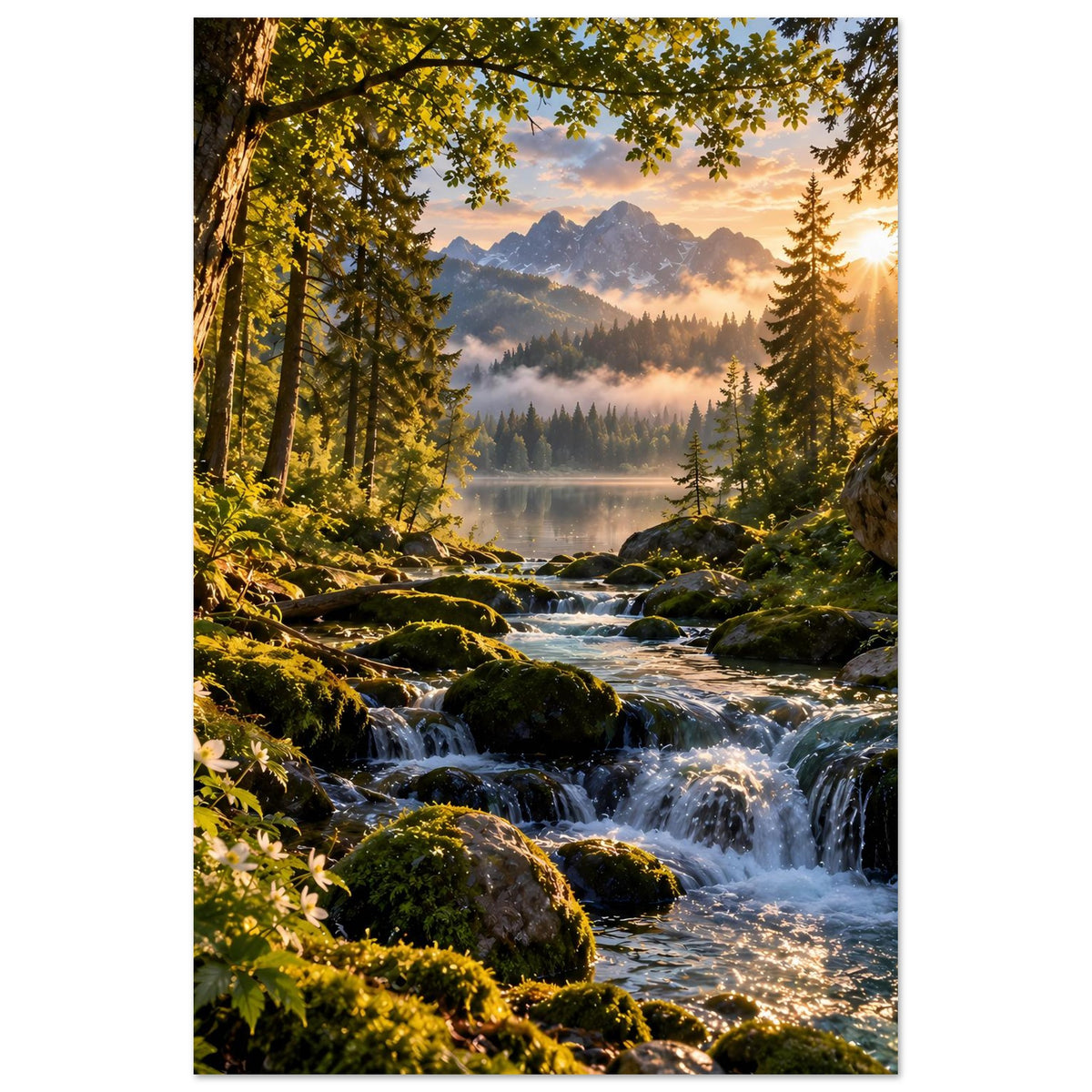 Poster mit Wald-Wasserfall, Felsen, Tannen und goldenen Sonnenstrahlen im Vordergrund