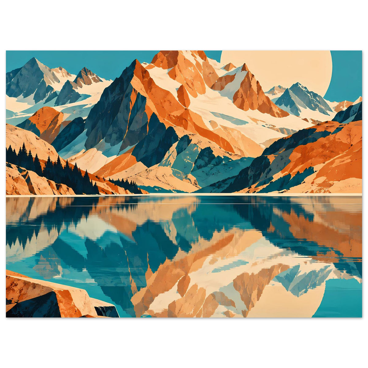 Naturposter mit Bergkette und See-Spiegelung, große Mondscheibe im Hintergrund, blau-orange