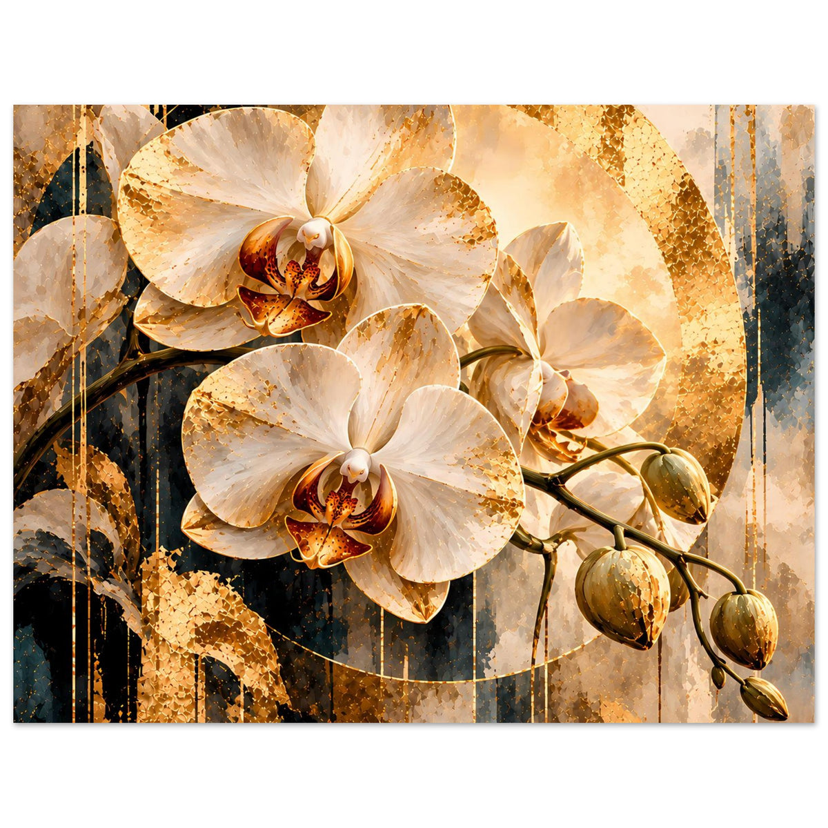 Orchideen-Kunstposter mit großen weißen Blüten, goldenen Farbakzenten und Rankenast