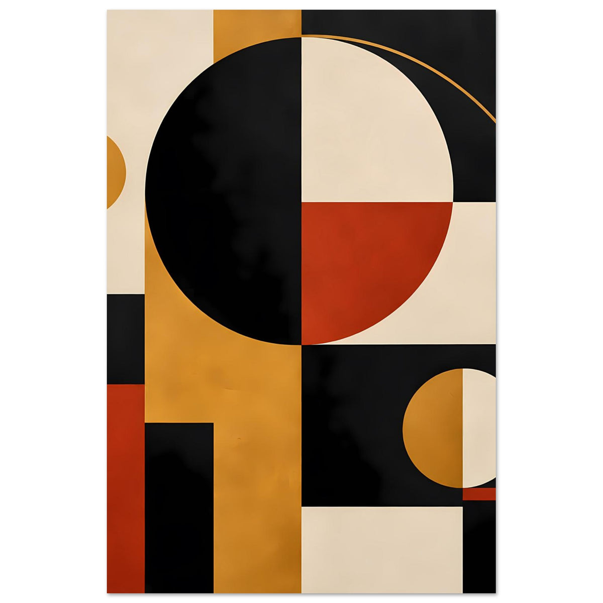 Ausschnitt eines geometrischen Posters: großer Kreis, Linienbogen und kleine Kreisform in Gelb und Rot