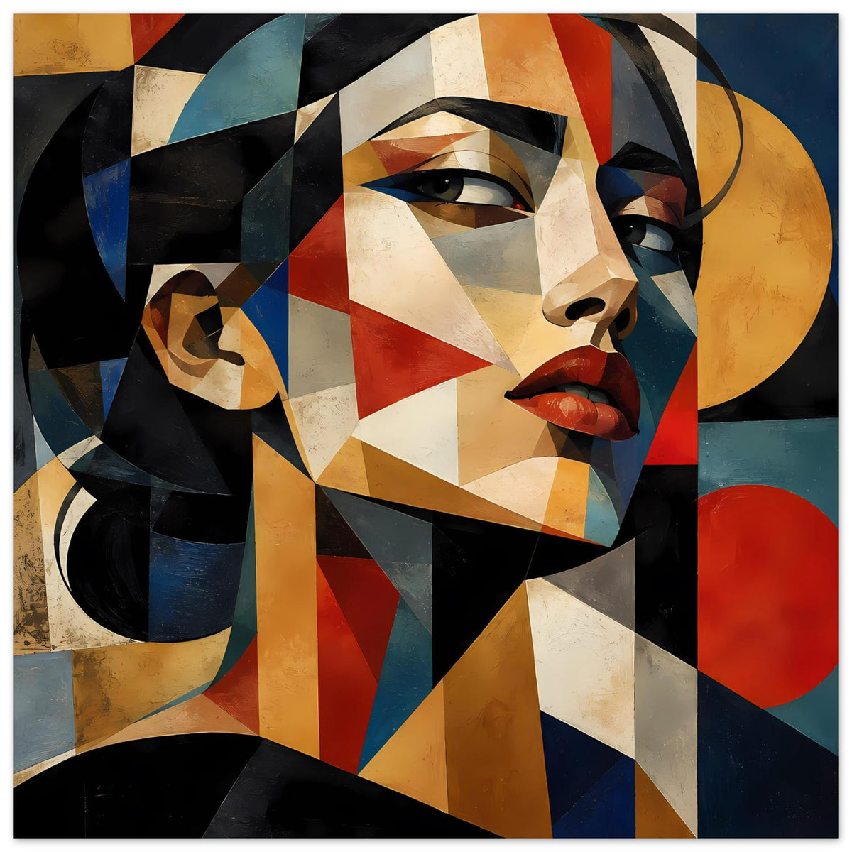 Geometrisches Portraitposter mit stilisierter Frau, goldgelber Kreisform und roten Akzenten